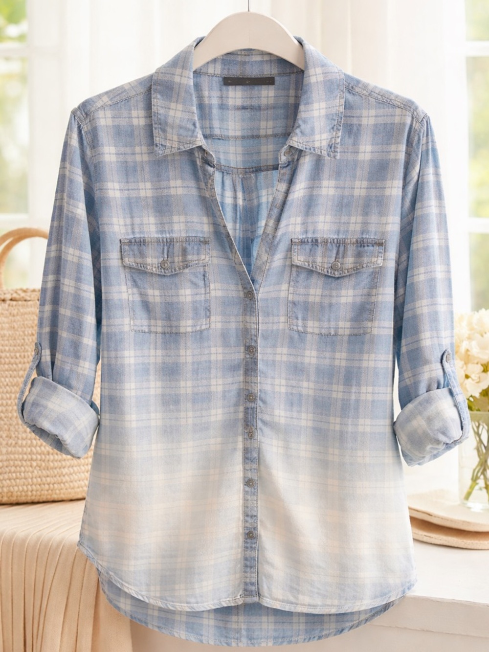 New York & Company Blue Ombré Plaid Button Down Shirt | Lightweight Cotton Top